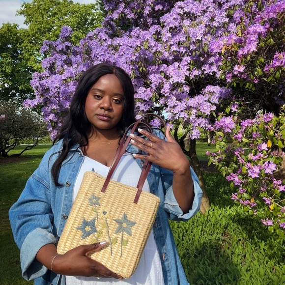 Vintage Straw Purse with Blue Flowers | Vintage Summer Purse - Picture 2 of 8